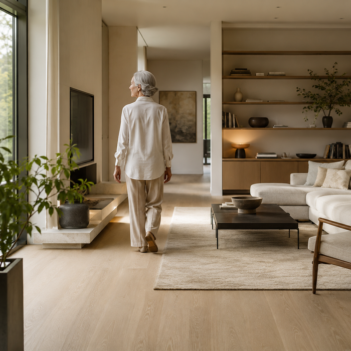 Elegant aging-in-place living room with clear walkways, easy movement flow, and reduced layout fatigue for seniors and older adults