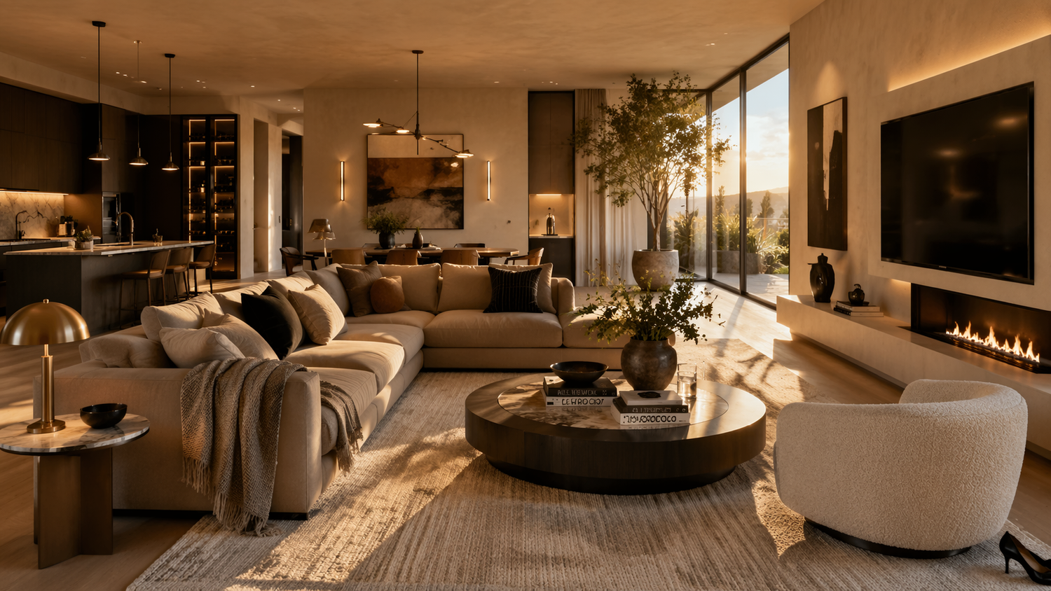 Modern living room with balanced sofa and coffee table spacing designed to preserve comfortable circulation and open movement flow