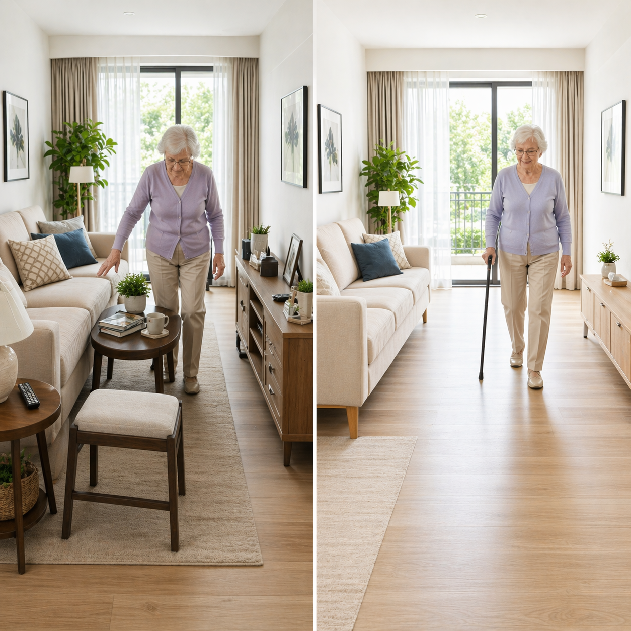 Safe vs unsafe living room layout for seniors showing clear 30–36 inch walkway compared to cluttered furniture blocking movement