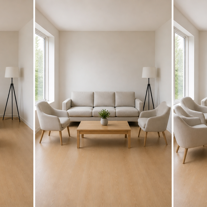 Living room seating comparison showing too few seats, ideal layout, and overcrowded seating affecting comfort and movement
