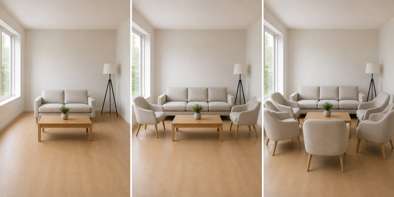 Living room seating comparison showing too few seats, ideal layout, and overcrowded seating affecting comfort and movement