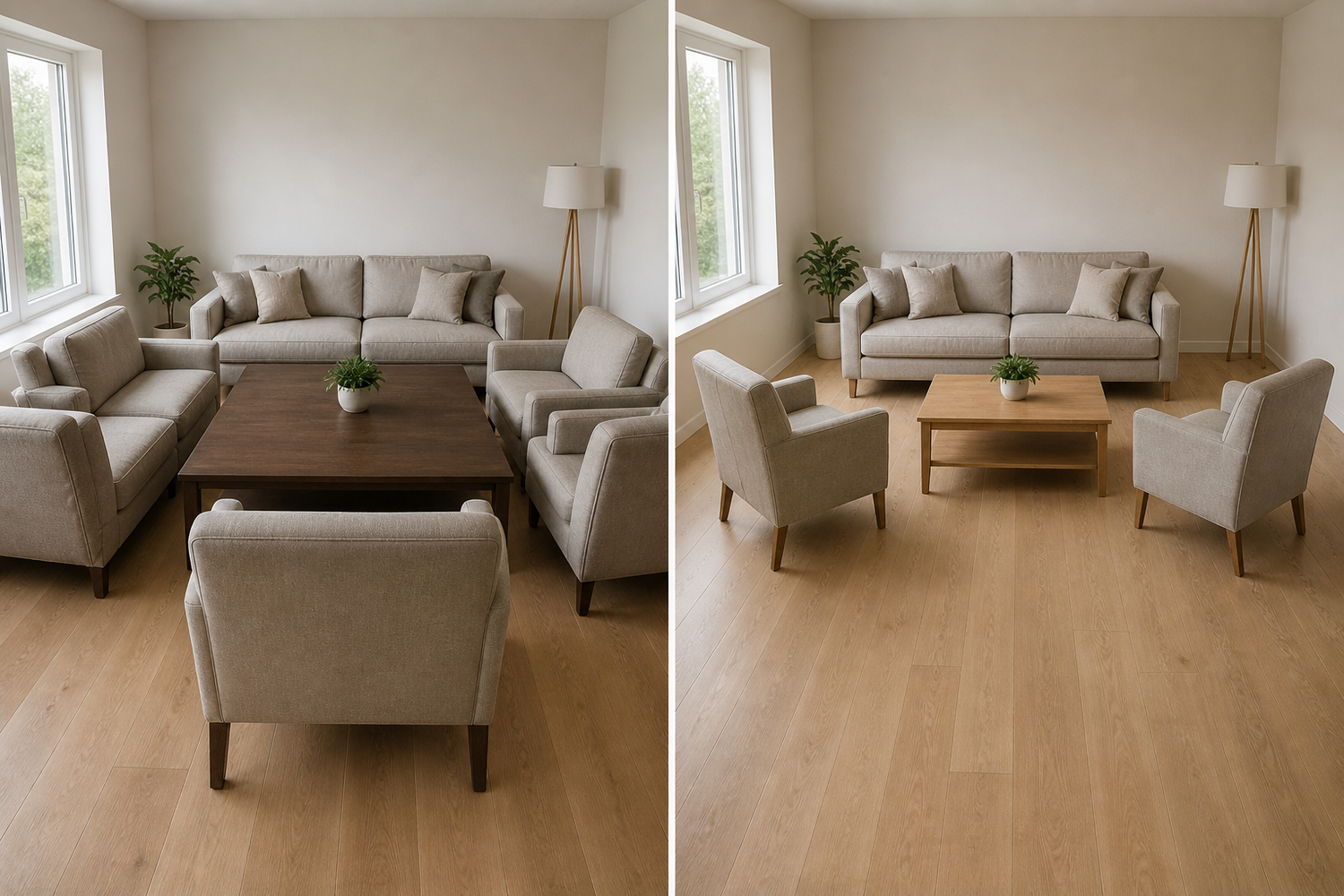 Living room layout comparison showing overcrowded furniture versus balanced seating arrangement with proper spacing
