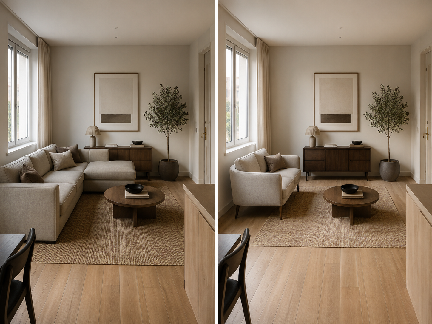 small apartment living room comparison showing compact sectional maximizing corner seating versus loveseat preserving open floor space and easier movement flow