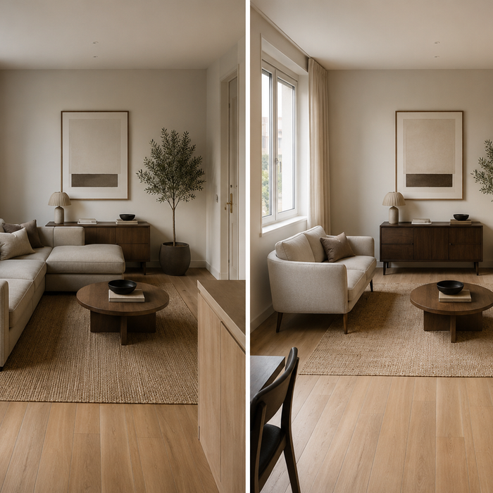 small apartment living room comparison showing compact sectional maximizing corner seating versus loveseat preserving open floor space and easier movement flow