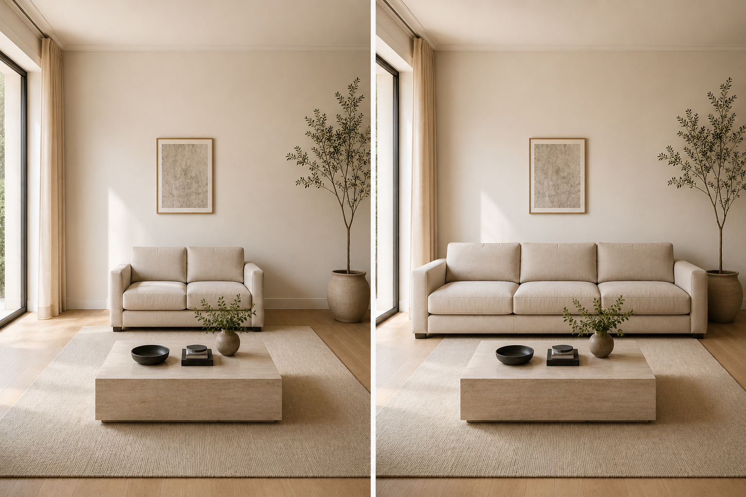 Loveseat vs sofa in a modern living room showing which seating choice creates better layout balance, comfort, and visual proportion