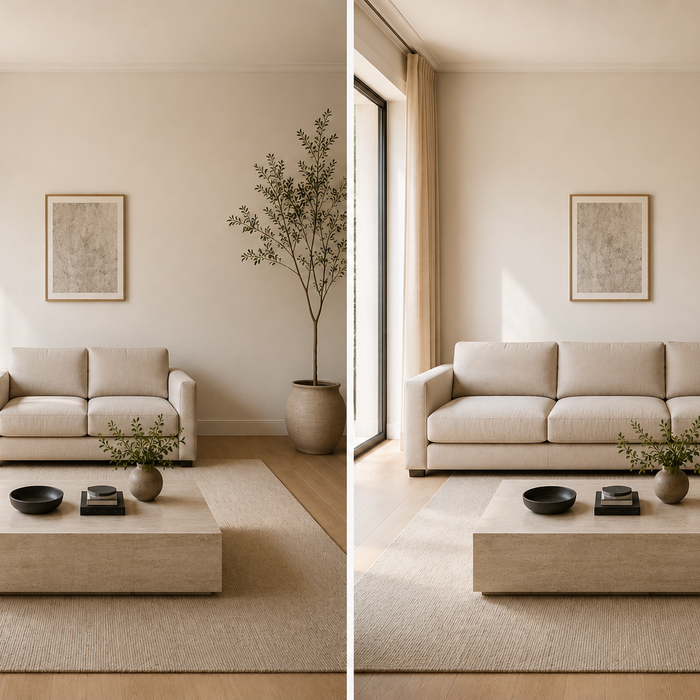 Loveseat vs sofa in a modern living room showing which seating choice creates better layout balance, comfort, and visual proportion