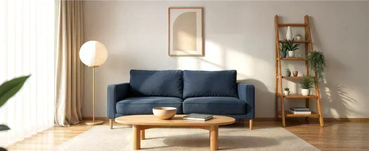 Loveseat in a small apartment living room with open layout, clear walkway, and space-efficient furniture arrangement