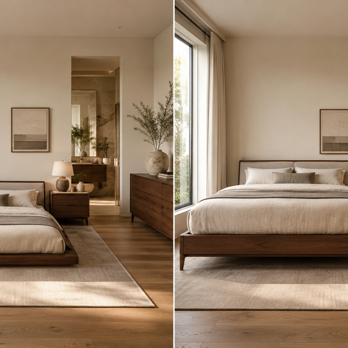 Low profile bed vs standard height bed comparison in a modern bedroom showing differences in bed height, storage space, mobility, comfort, and long-term usability