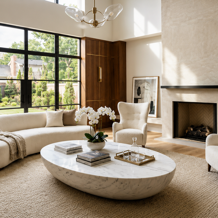 Marble vs wood coffee table comparison in a luxury living room showing warmth, elegance, and everyday style.