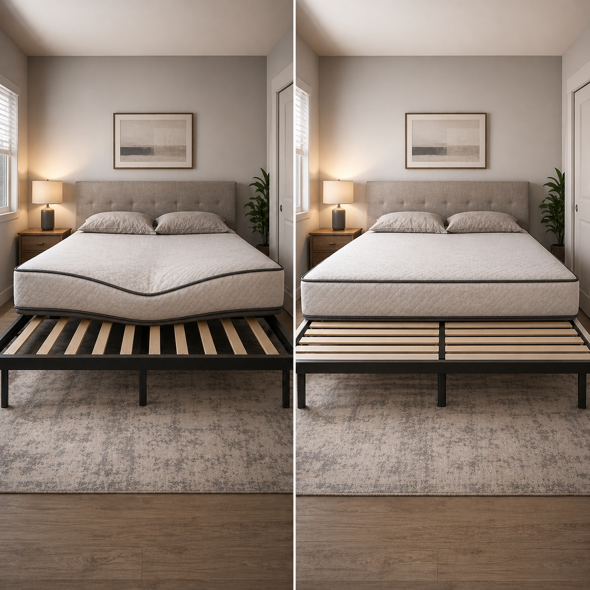 mattress sagging on slatted bed frame compared to properly supported mattress with correct slat spacing