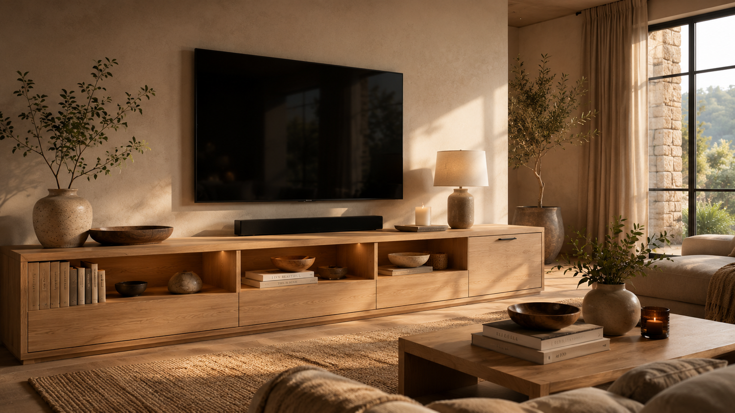 Media console vs TV stand comparison showing modern living room entertainment furniture with media console storage and TV stand functionality