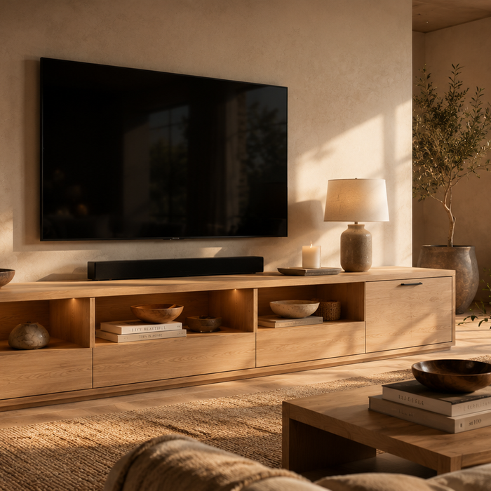 Media console vs TV stand comparison showing modern living room entertainment furniture with media console storage and TV stand functionality