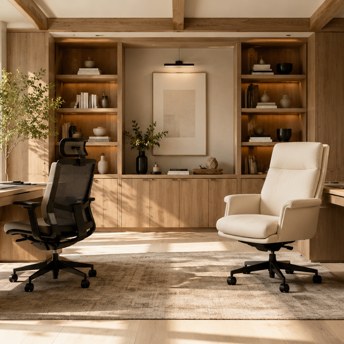Mesh office chair vs upholstered office chair comparison showing the best home office chair choice for comfort, airflow, and long work sessions