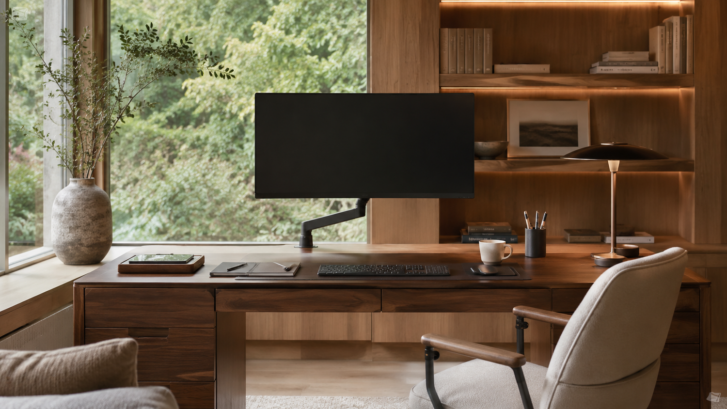 Single monitor on a low-profile monitor arm above a long wooden desk in a warm home office