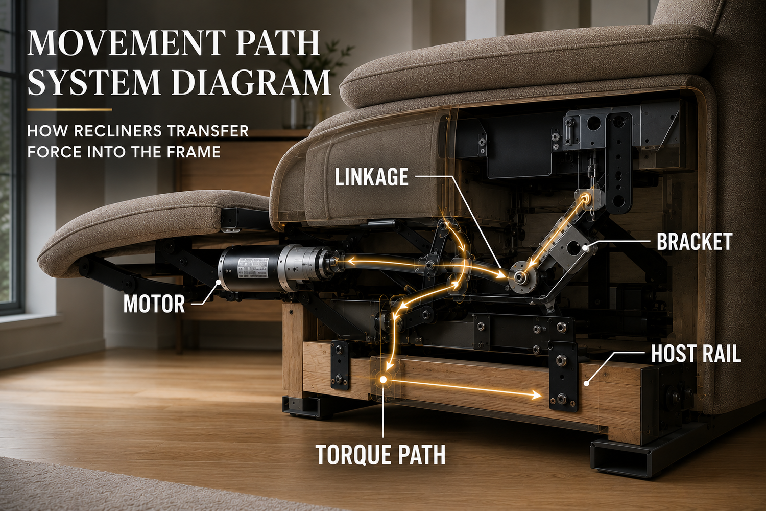 Hidden engineering inside a reclining sofa showing how repeated torque travels through motors, steel linkages, and mounting brackets before damaging the wooden frame over time.