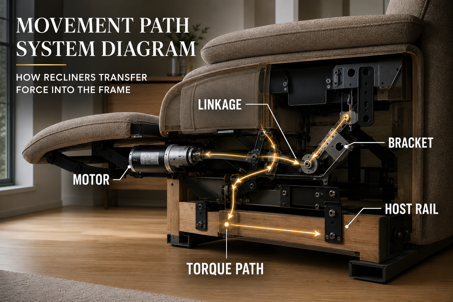 Hidden engineering inside a reclining sofa showing how repeated torque travels through motors, steel linkages, and mounting brackets before damaging the wooden frame over time.