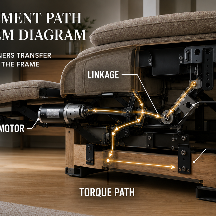 Hidden engineering inside a reclining sofa showing how repeated torque travels through motors, steel linkages, and mounting brackets before damaging the wooden frame over time.