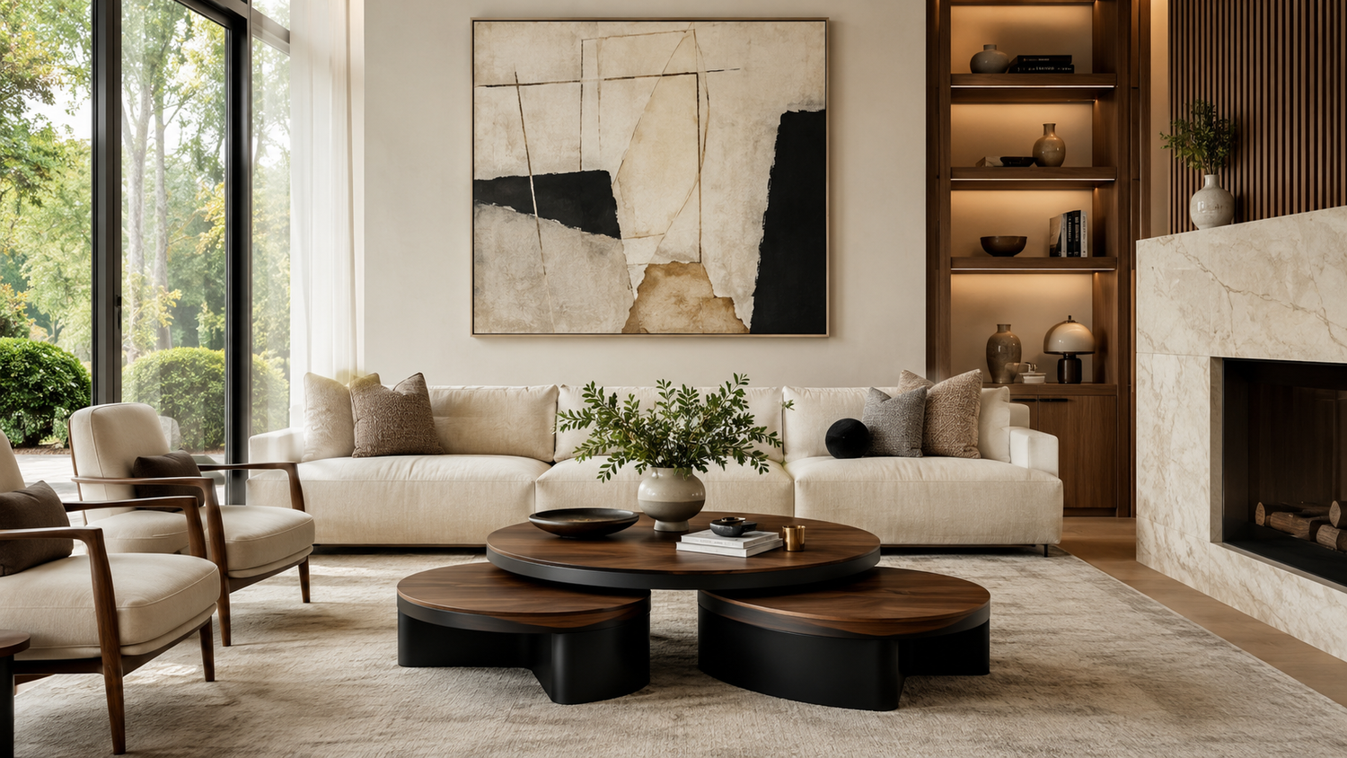 Luxury living room featuring elegant nesting coffee tables designed for flexible everyday living
