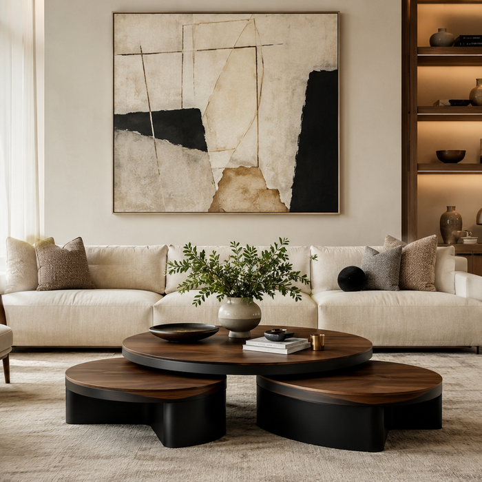 Luxury living room featuring elegant nesting coffee tables designed for flexible everyday living