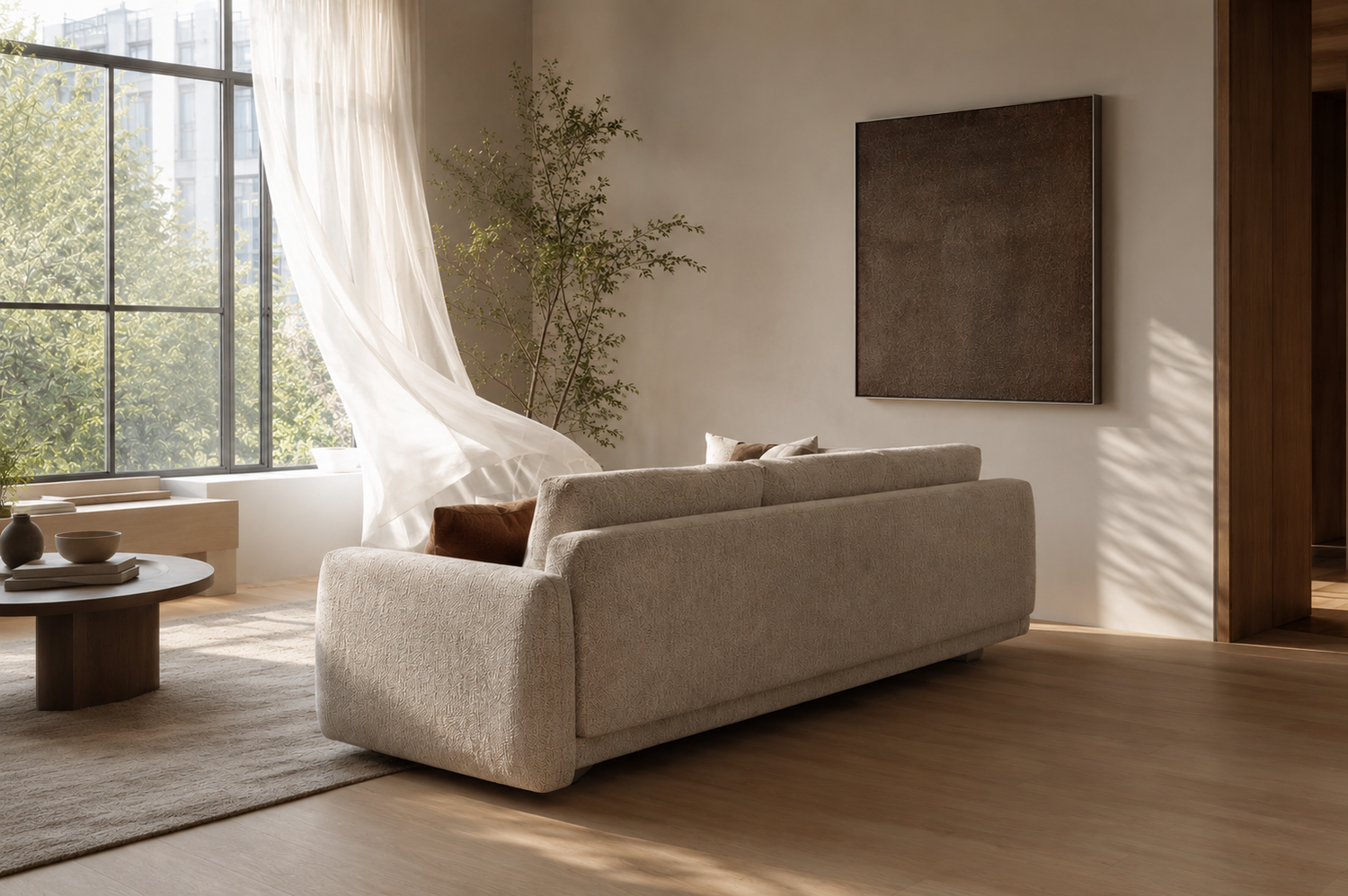 Why new couch smell lingers in some homes: elegant modern sofa with breathable airflow spacing, soft daylight, and indoor air quality-focused living room layout