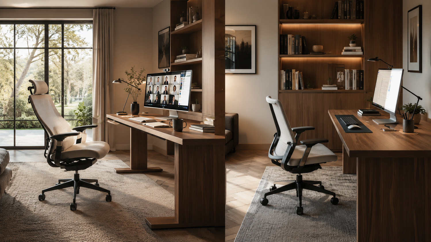 Office chair with headrest versus office chair without headrest in a home office, comparing neck support, ergonomics, reclining comfort, and productivity