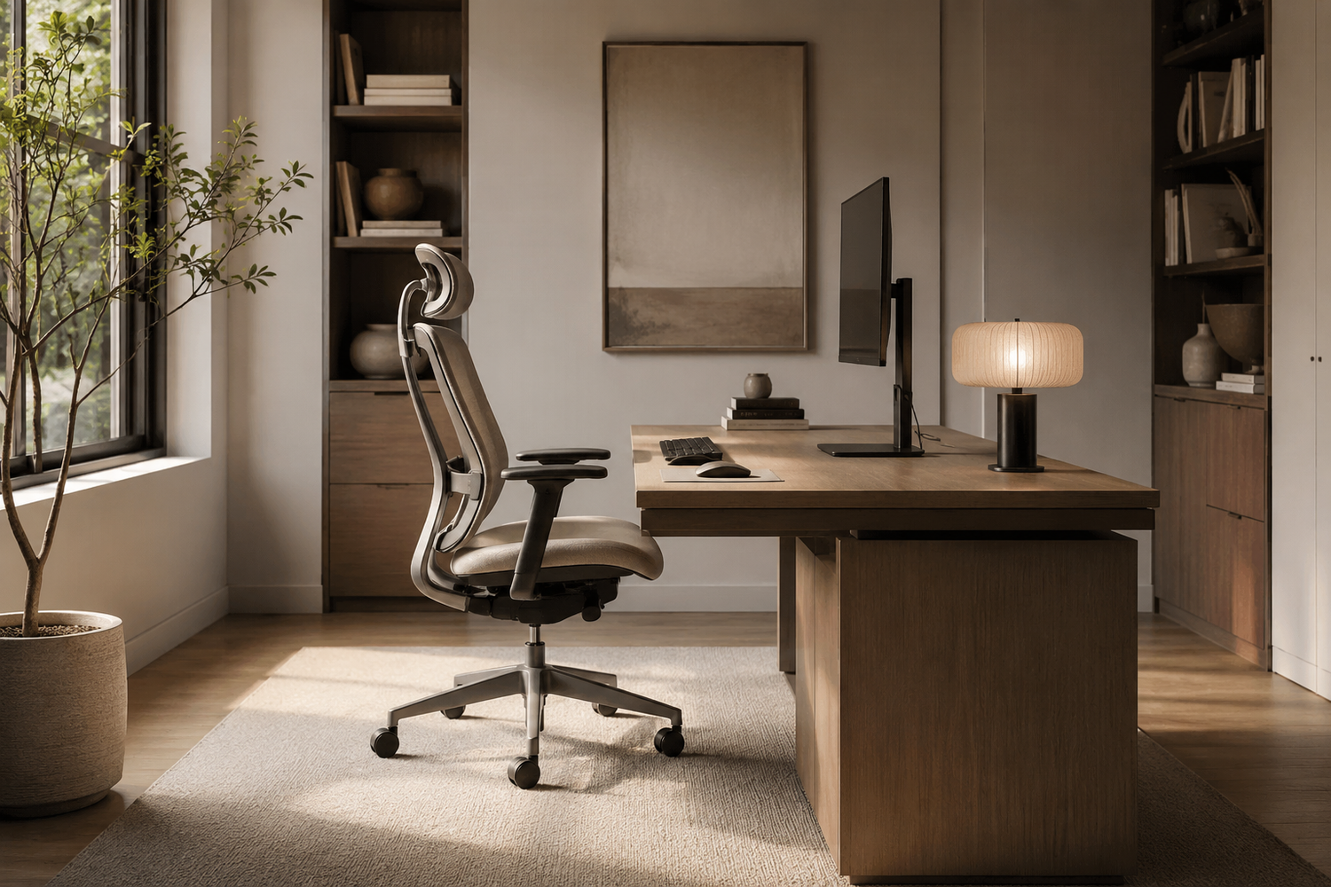 Proper workstation setup showing how chair, desk, monitor, and mouse alignment affect office chair comfort during long work sessions