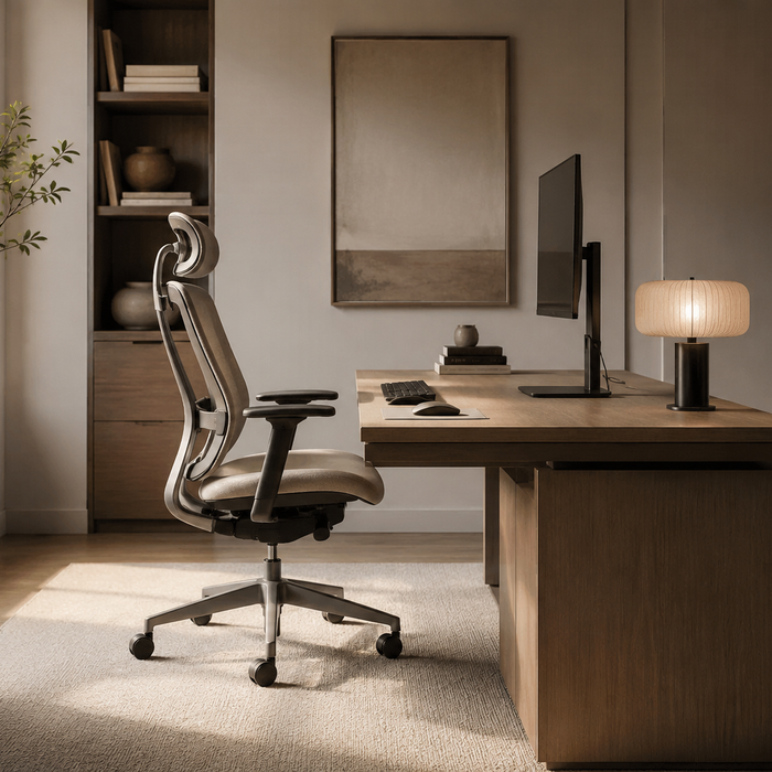 Proper workstation setup showing how chair, desk, monitor, and mouse alignment affect office chair comfort during long work sessions