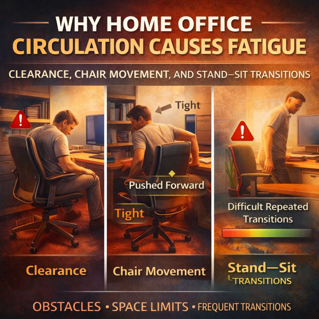 Why Home Office Circulation Causes Fatigue: Clearance, Chair Movement, and Stand–Sit Transitions