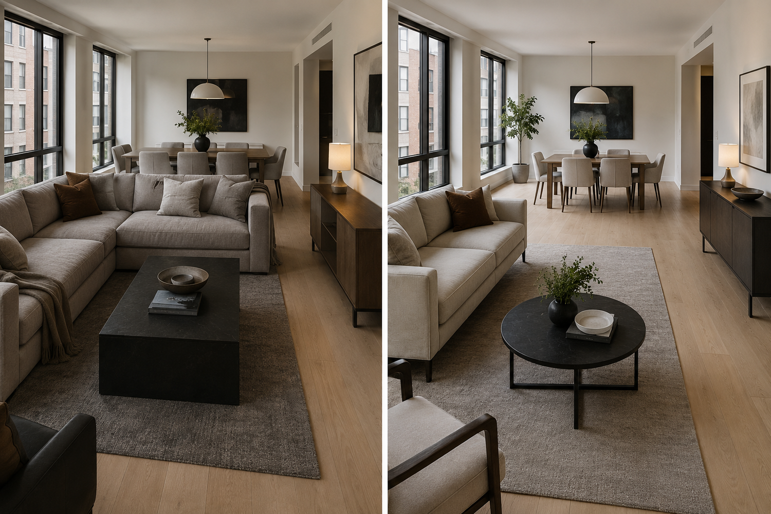 Why some open floor plans feel calm while others feel cramped — comparison showing proper living room to dining room spacing and transition flow