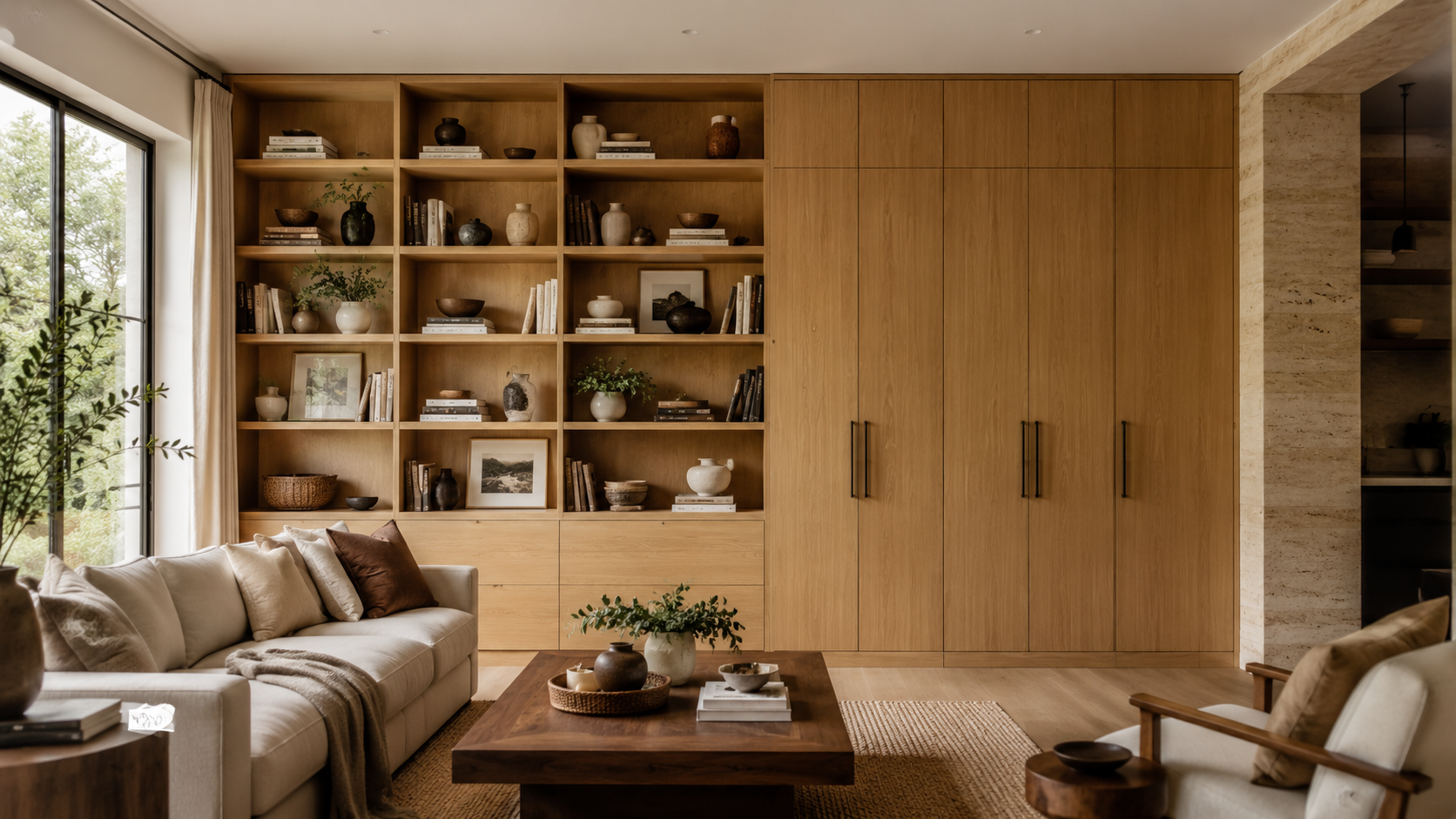 Open shelving vs closed storage comparison in a luxury living room showing display shelves, concealed storage cabinets, clutter control, and decorative organization