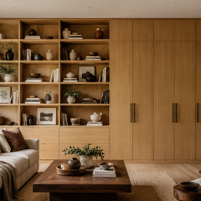 Open shelving vs closed storage comparison in a luxury living room showing display shelves, concealed storage cabinets, clutter control, and decorative organization