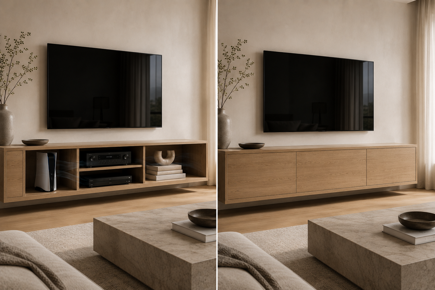 Open and closed TV stand storage comparison showing gaming console ventilation, media cabinet organization, and airflow around electronics