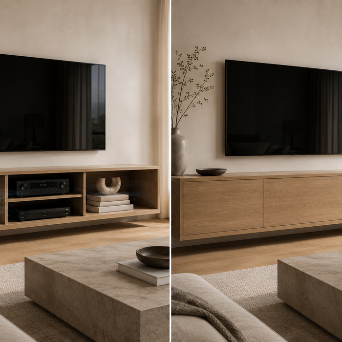 Open and closed TV stand storage comparison showing gaming console ventilation, media cabinet organization, and airflow around electronics