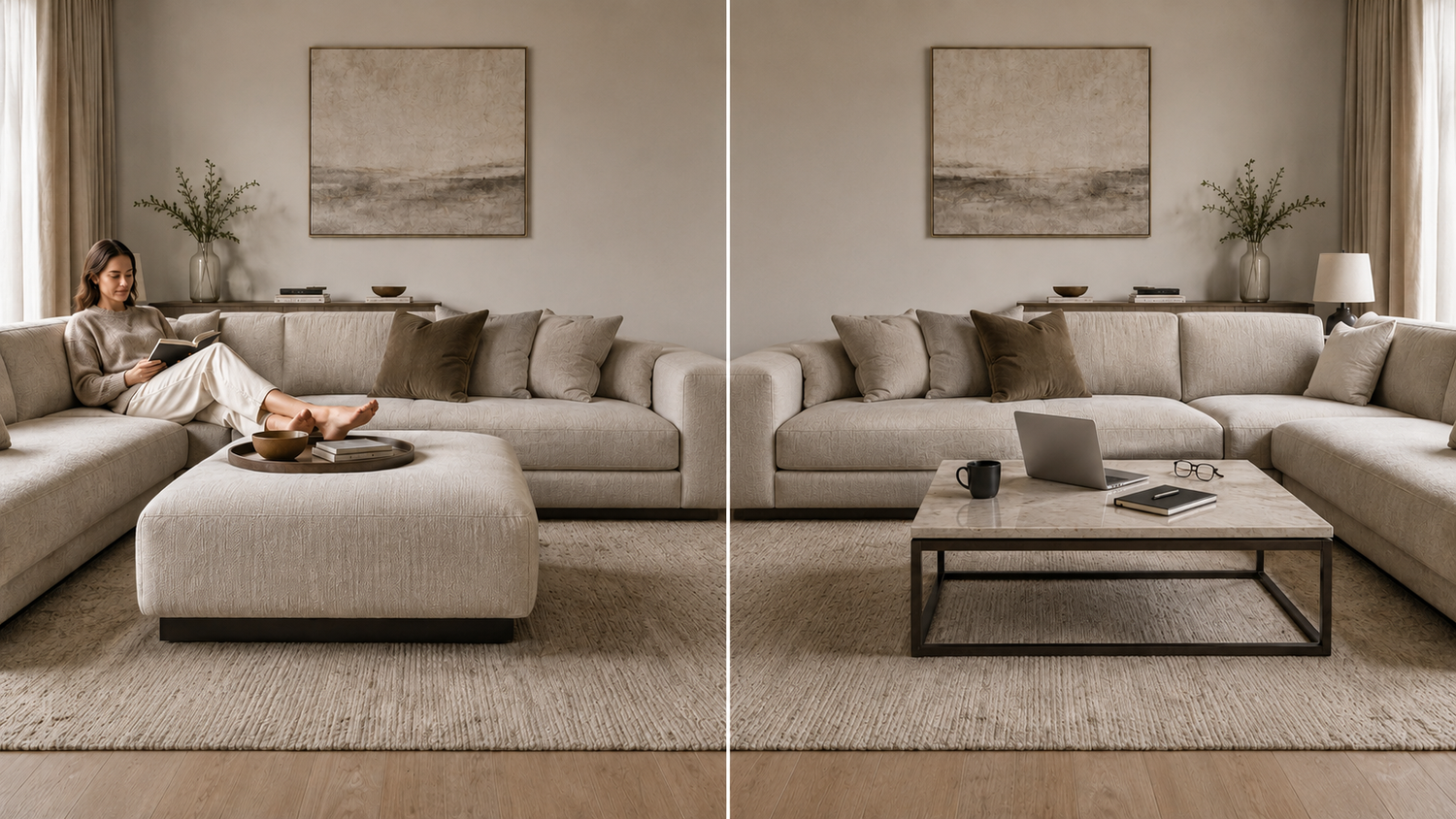 Modern living room featuring a sectional sofa with an upholstered ottoman and coffee table, illustrating different approaches to comfort, stability, and everyday use.