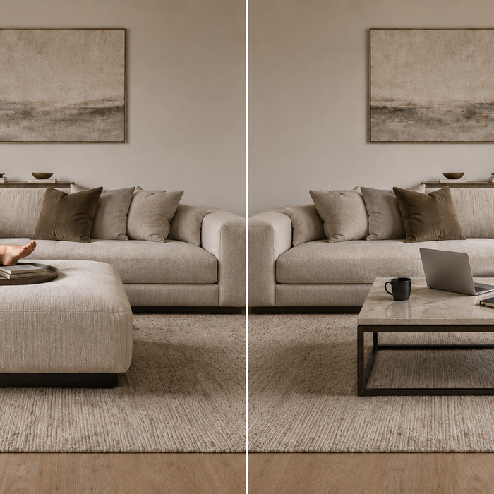 Modern living room featuring a sectional sofa with an upholstered ottoman and coffee table, illustrating different approaches to comfort, stability, and everyday use.