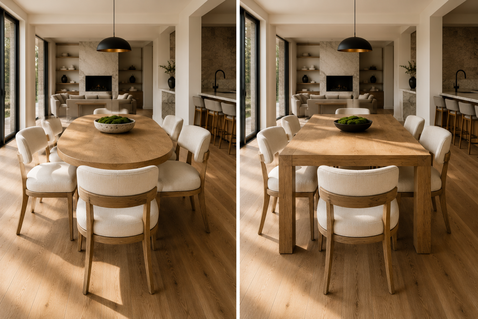 Oval vs rectangular dining table comparison for seating, space planning, circulation, and open-concept dining rooms