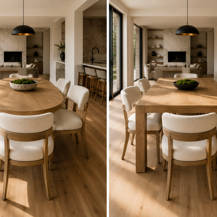 Oval vs rectangular dining table comparison for seating, space planning, circulation, and open-concept dining rooms