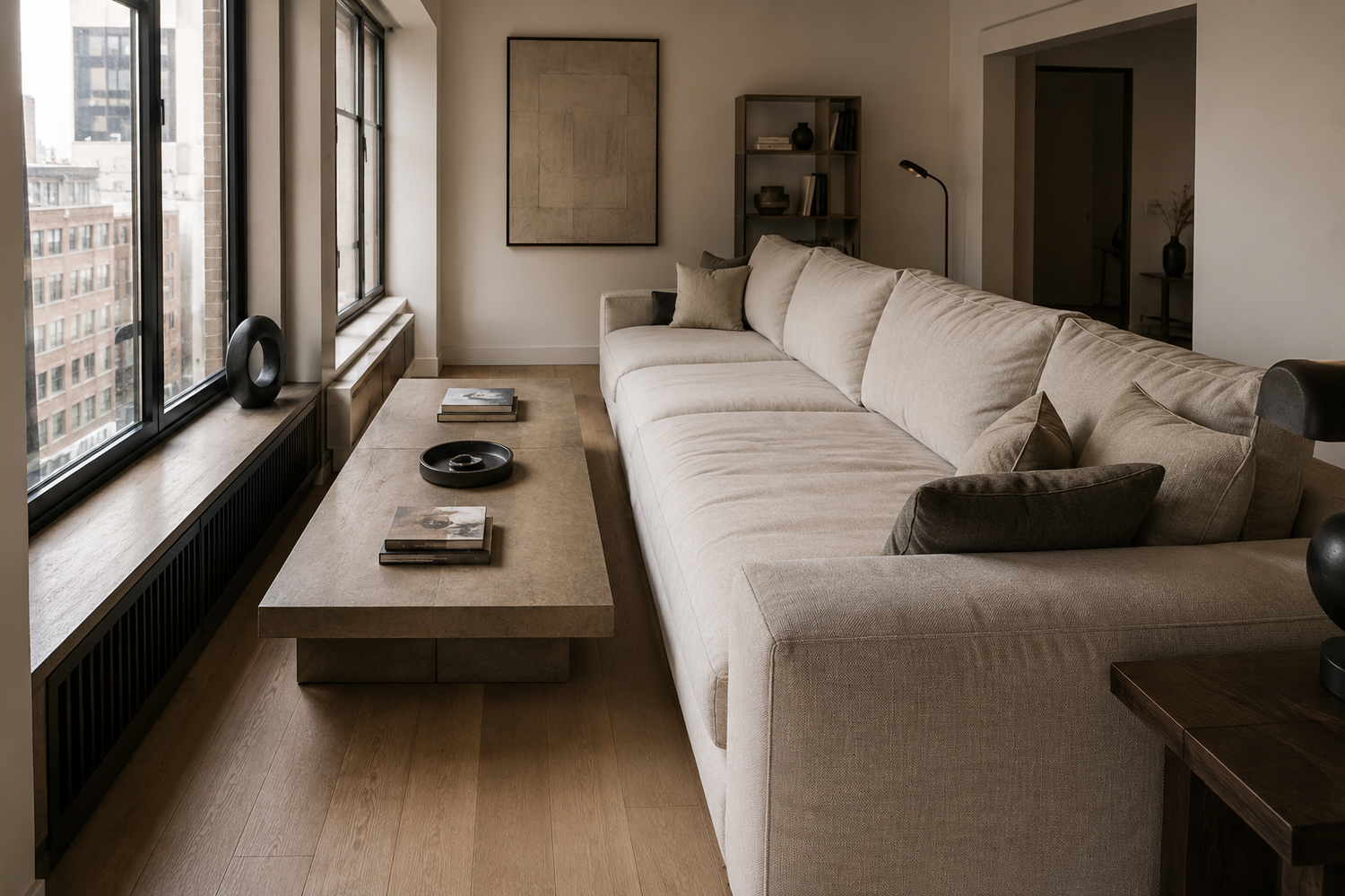 Oversized sofa reducing circulation and making a small living room feel crowded even though it fits the wall