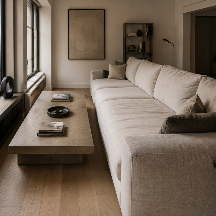 Oversized sofa reducing circulation and making a small living room feel crowded even though it fits the wall