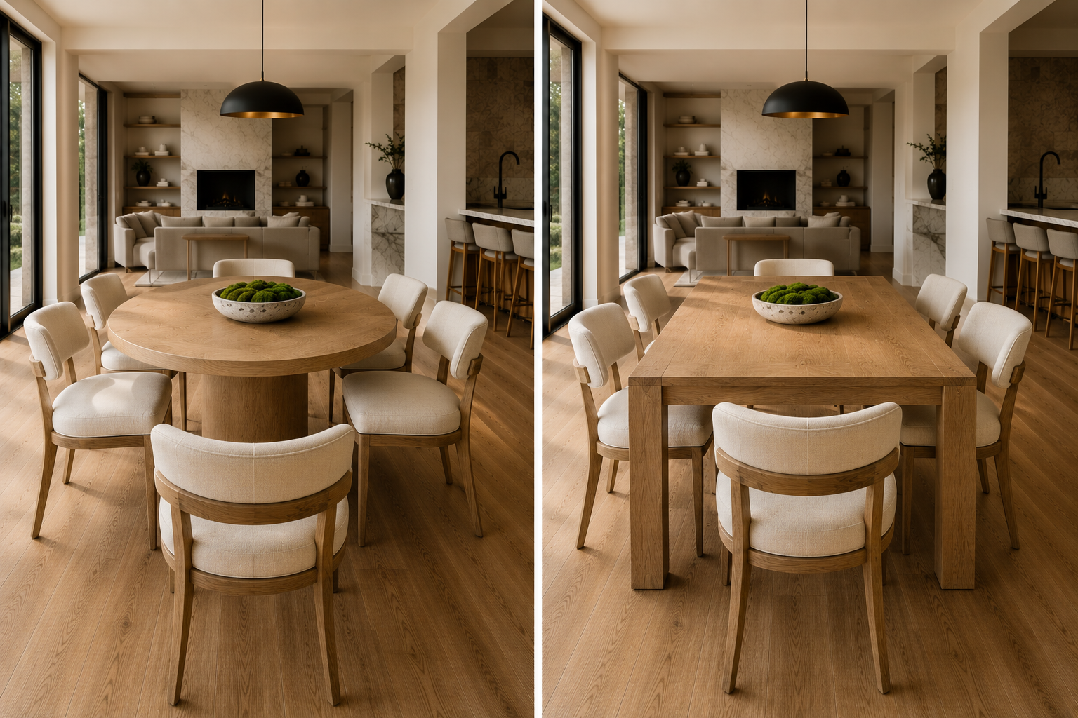 Pedestal vs four-leg dining table comparison showing dining table legroom, seating flexibility, stability, and room fit