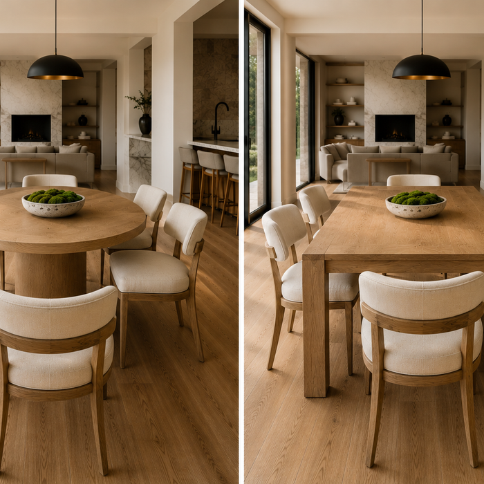 Pedestal vs four-leg dining table comparison showing dining table legroom, seating flexibility, stability, and room fit