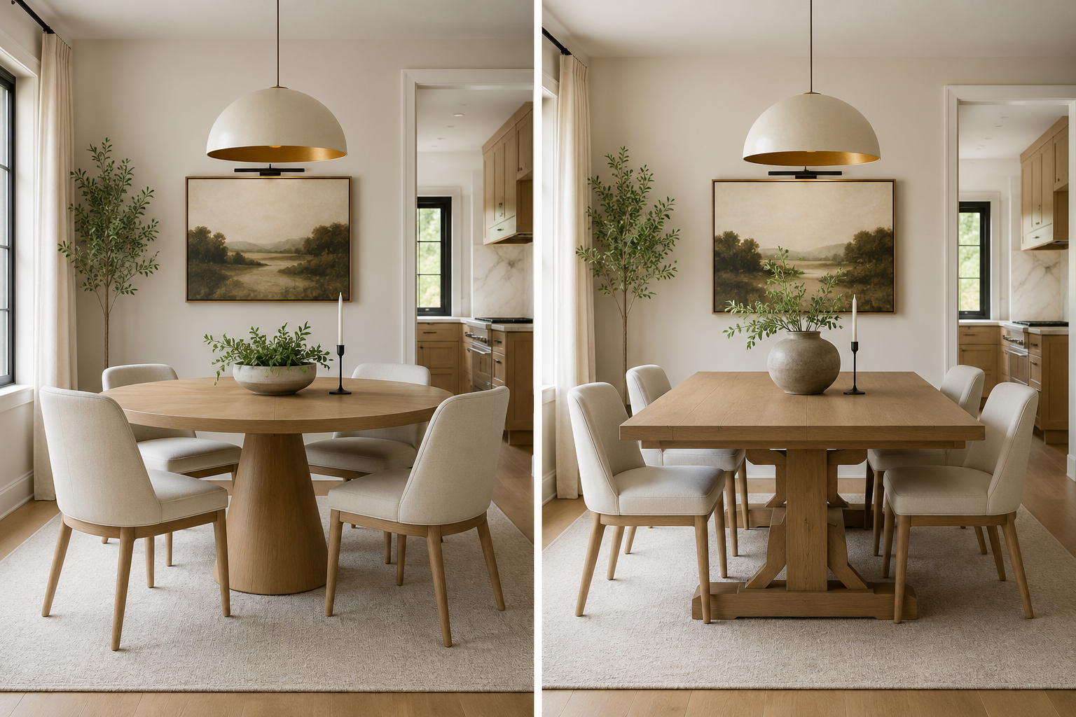 Pedestal vs trestle dining table comparison in a small dining room showing visual openness and space perception