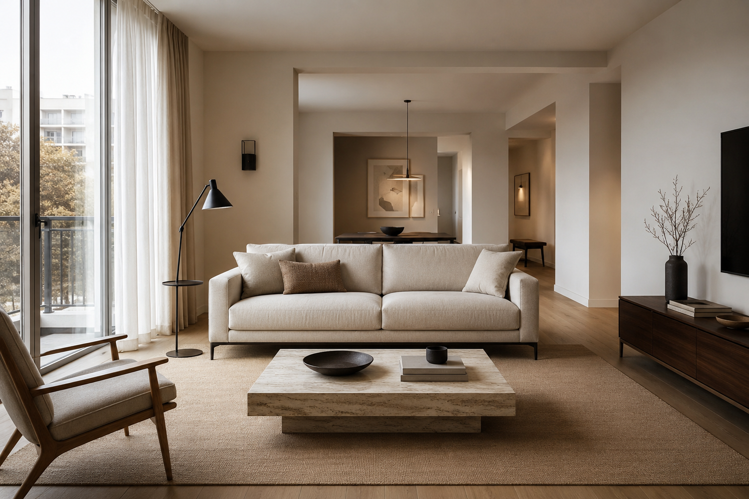 Elegant living room showing the ideal sofa size with open circulation, balanced spacing, and visible floor space
