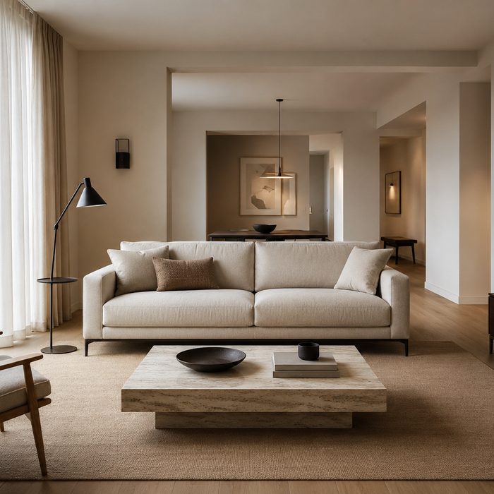 Elegant living room showing the ideal sofa size with open circulation, balanced spacing, and visible floor space