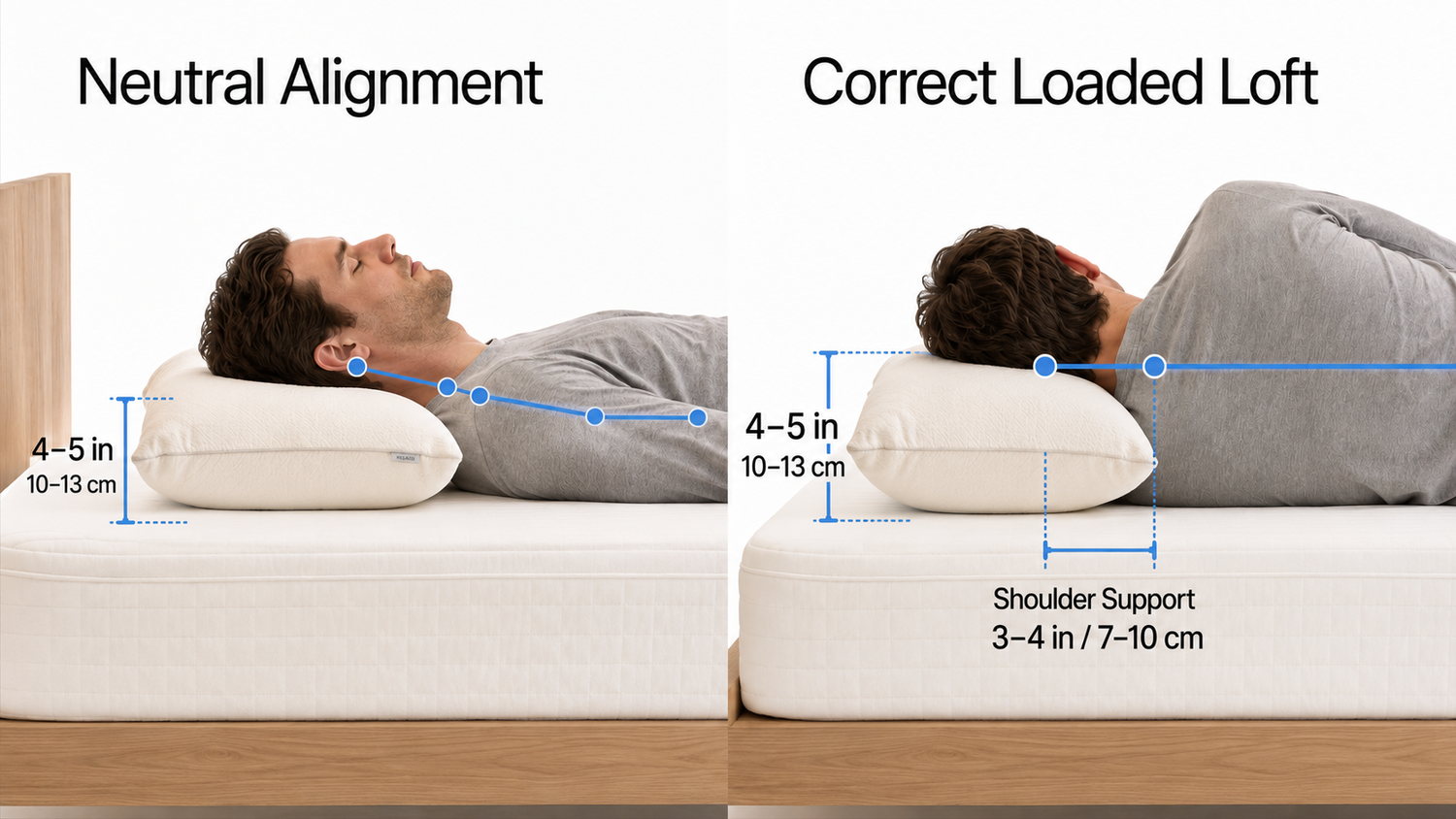 Correct pillow support for side and back sleepers maintaining neutral neck alignment and spinal alignment during sleep