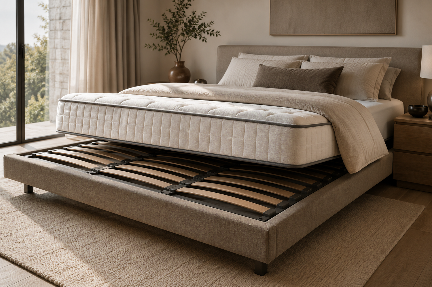 Platform bed mattress support system with visible slatted foundation beneath a modern mattress