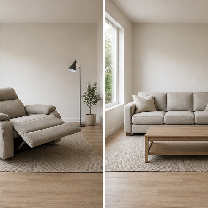 Recliner vs sofa comparison showing space usage, comfort, and living room layout differences