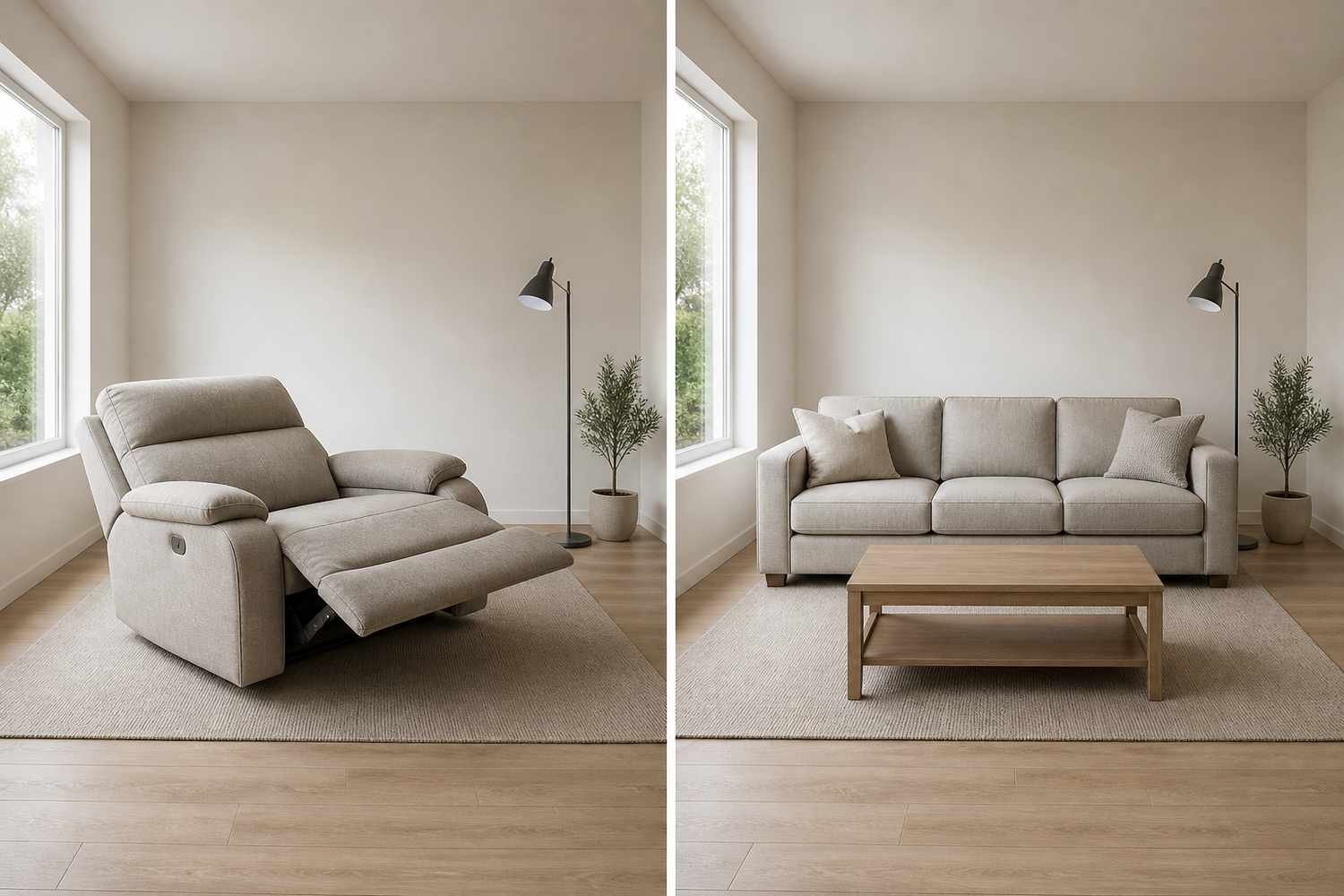 Recliner vs sofa comparison showing space usage, comfort, and living room layout differences