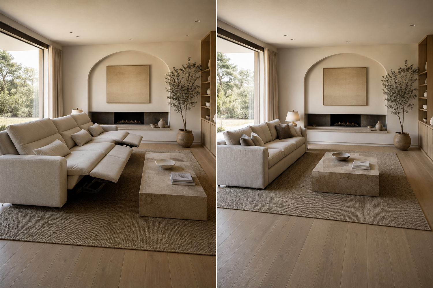 Luxury living room comparison showing why a reclining sofa can overwhelm a small space while a standard sofa preserves better room flow and furniture spacing