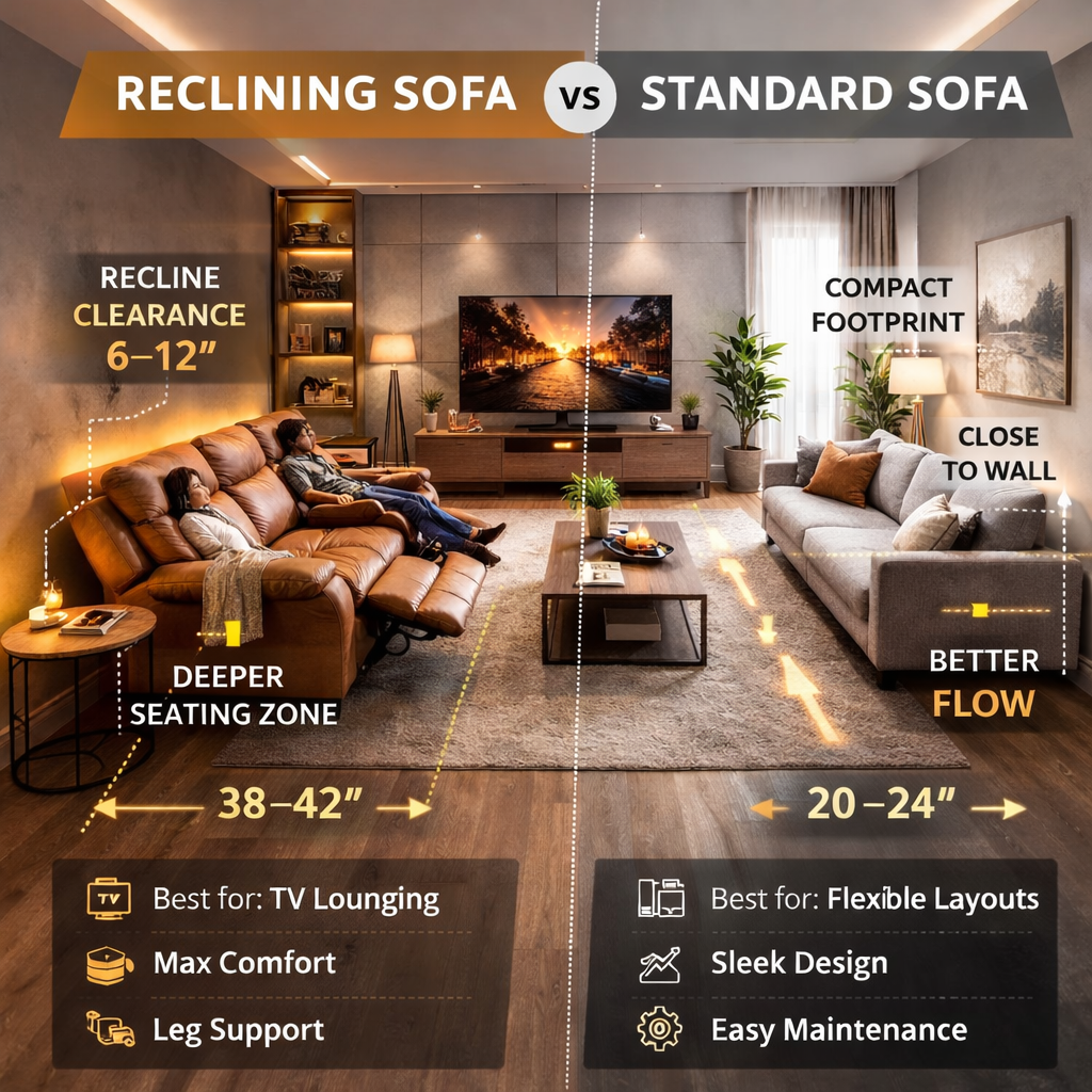 reclining sofa vs standard sofa comparison showing recline clearance, seating depth, and living room footprint differences
